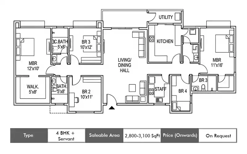 Anant Raj The Estate One 4 BHK + Servant floor plan,  sq ft saleable area