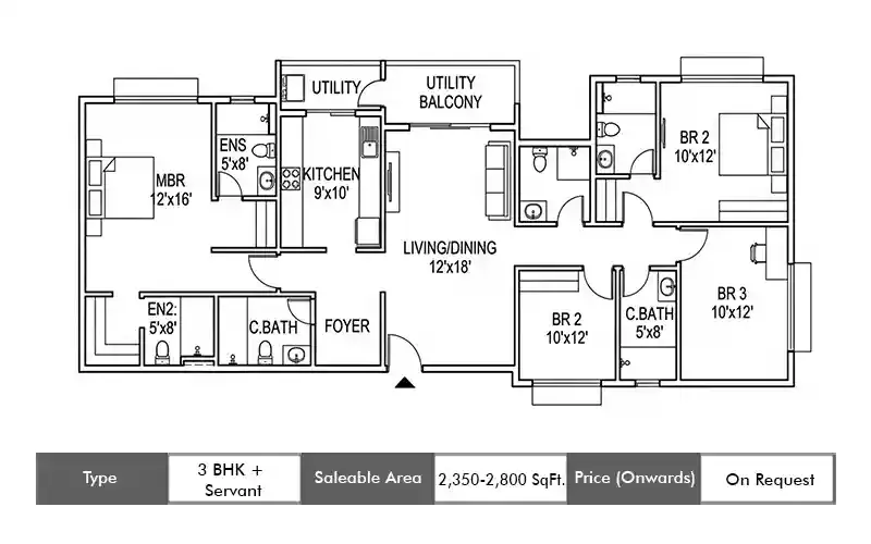 Anant Raj The Estate One 3 BHK + Servant floor plan,  sq ft saleable area